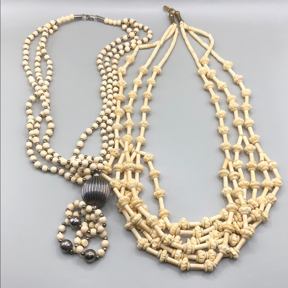 Vintage handmade tribal bone carved bone bead chunky statement necklaces 2 layer